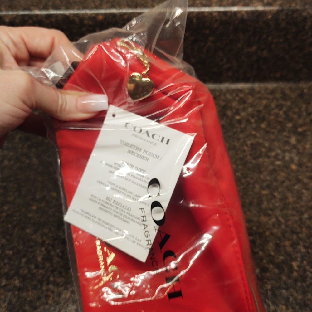 NEW! COACH Heart Love Toiletries Cosmetics Bag With Gold Heart Charm